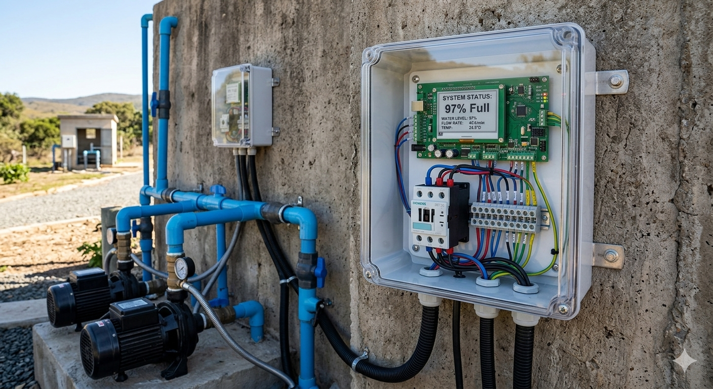 The Well Watcher monitoring system installed next to a cistern pump, showing the e-ink display reading 97% Full
