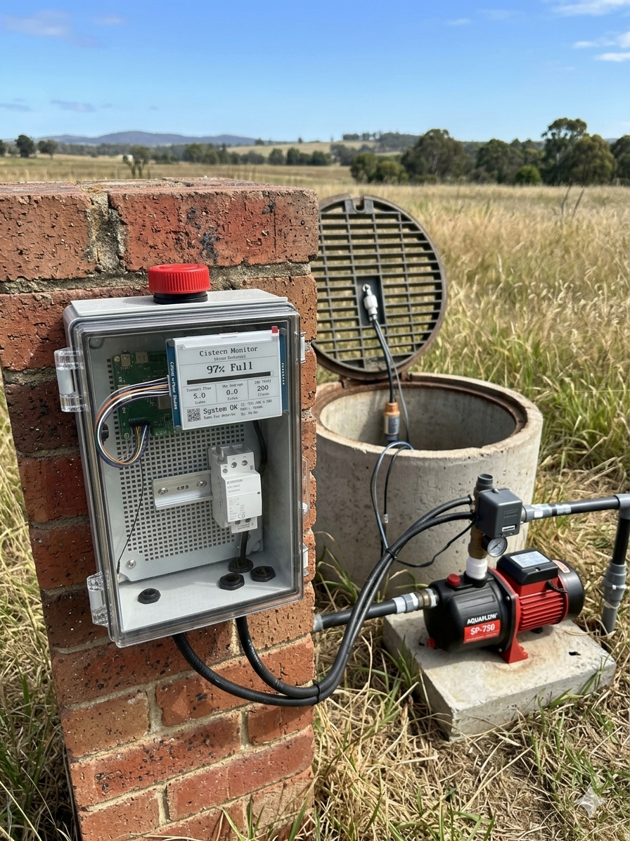 The Well Watcher mounted on a brick wall next to an open cistern with pump in a rural setting