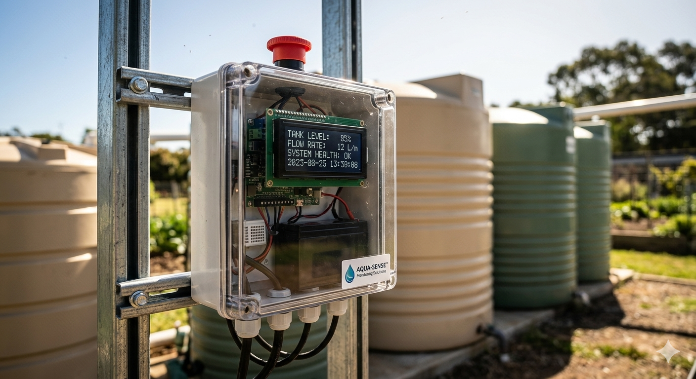 The Well Watcher close-up showing tank level and flow data with water tanks in background