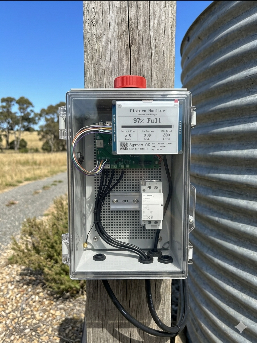 The Well Watcher mounted on a wooden post next to a corrugated steel water tank