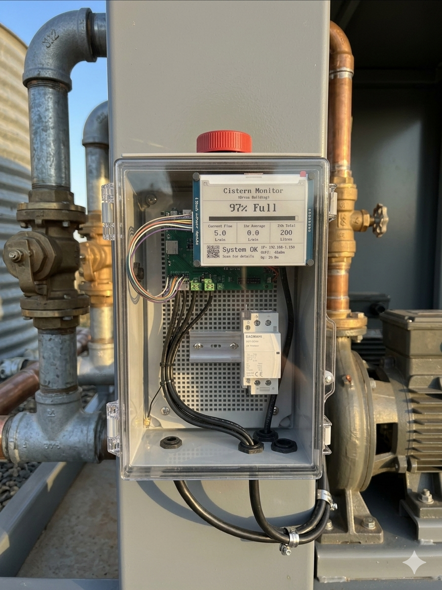 The Well Watcher installed in a pump room with copper plumbing and industrial motor